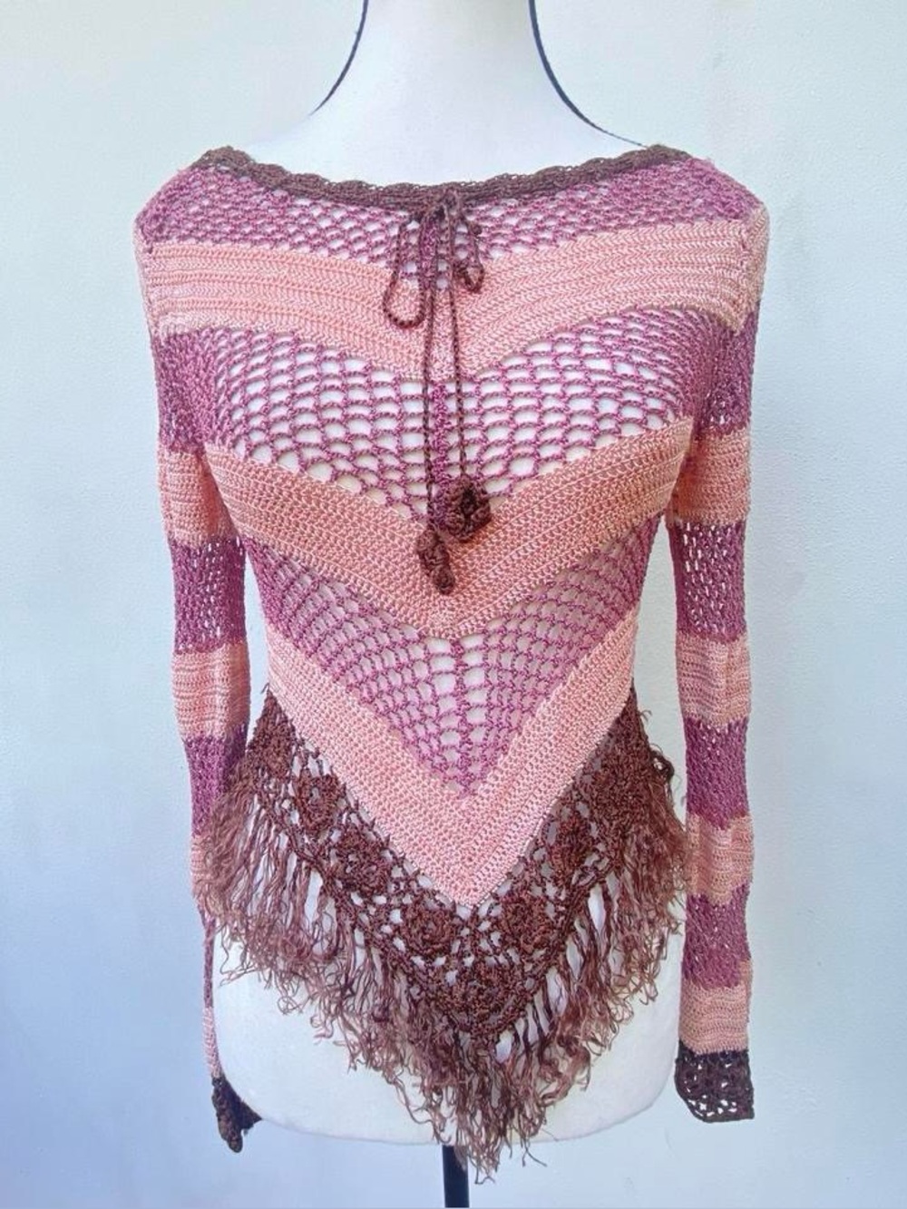 Y2K Heart Moon Star Pink & Brown V Crochet Fringe Long Sleeve Boho Top Medium